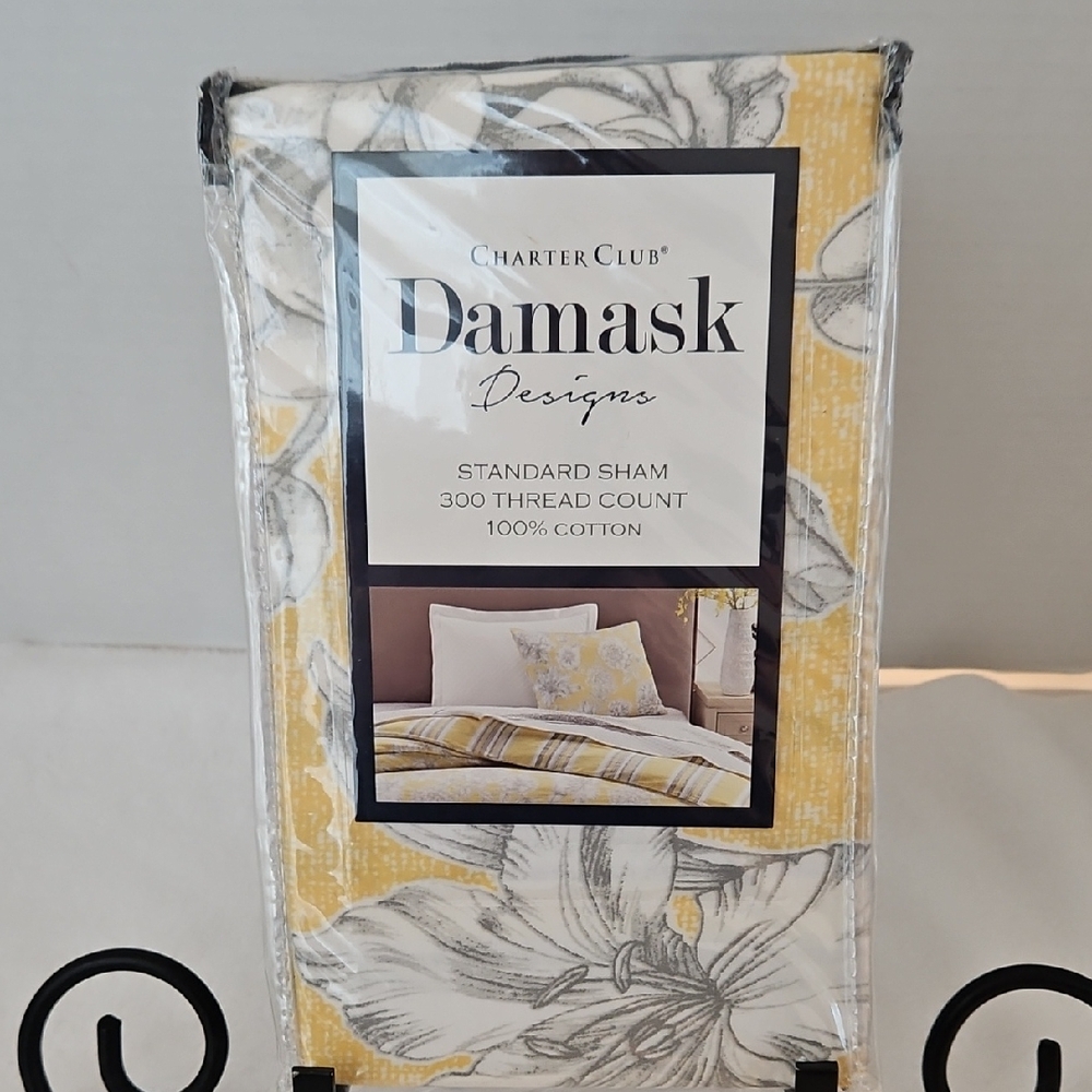 Charter Club NWT Damask Yellow & Gray Botanical Floral Standard Sham